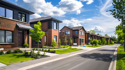 Naklejka premium Exterior of brick houses in a row with plants in backyard and empty street on front against blue sky during sunny day : Generative AI