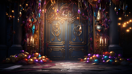 Dimly Lit Room Entrance with Door Framed by Colorful Balloons