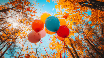 Autumn party concept image with colorful balloons in fall background with copy space