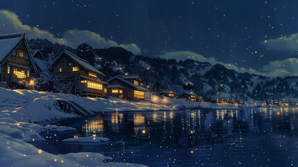 Fototapeta premium Background Of The Night Winter Landscape Of The Countryside With A Small House Mountains And A River Watercolor Illustration