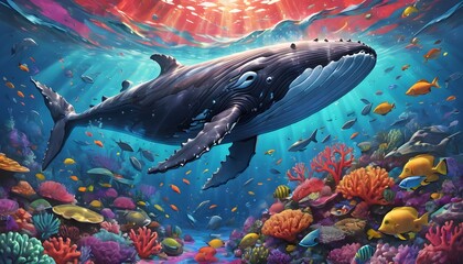Fototapeta premium Whale and Coral Reef Underwater Scene