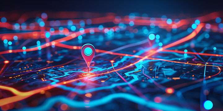 Eine digitale Karte, die einen Standort mit gesetzten Pins anzeigt, die KI-Technologie im GPS, Innovationen bei Lieferdiensten und Kartenstandorte f&uuml;r die zuk&uuml;nftige Transportlogistik darstellt
