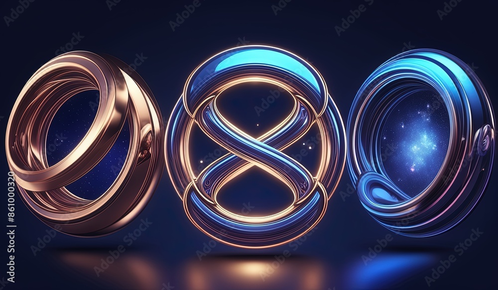 Wall mural infinity symbol, ring, golden. gold. glowing lights, neon lights, logo. copper. titanium. space background. black background