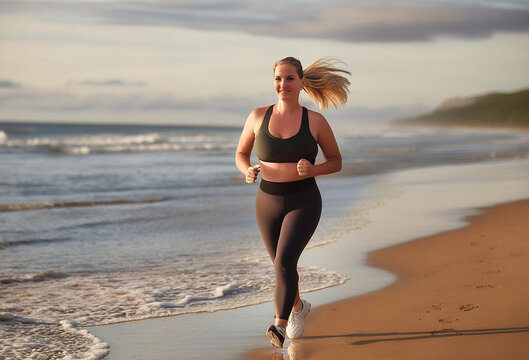 Young woman running on the seashore wearing black sport bra. Warm sunset light