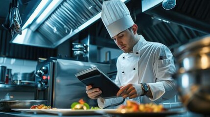 Close up of professional chef hands using tablet or innovation technology while cooking form recipe. Skilled cock wearing cook uniform while looking at food recipe. Futuristic cocking concept. AIG42.
