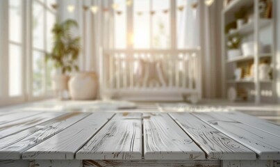 An empty surface made of light wood on a blurred background of a modern nursery. An blank wooden table and  blurred background of the children`s room in trendy neutral  scandinavian tones. Copy space.