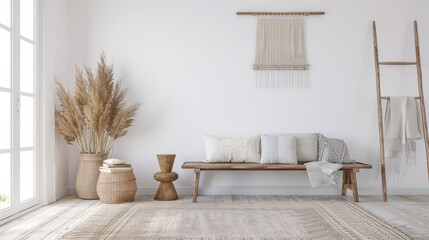 Living room interiors composition in soft tones with rustic elements, natural lighting and copy space. Luxury farmhouse interiors design concept image.