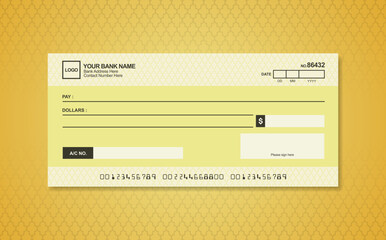 Blank bank check. Checkbook cheque template. Checkbook cheque template with yellow theme. Money payment voucher or pay cash cheque certificate.