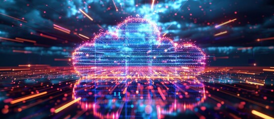 Fototapeta premium A vibrant digital illustration of cloud computing with dynamic data streams and glowing particles, representing modern technology and innovation.