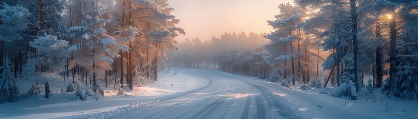 Fototapeta premium A tranquil winter scene featuring a winding road through a snow-covered forest at sunrise, bathed in soft golden light.