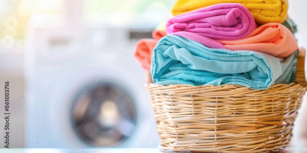 Wall mural colorful laundry basket with clothes in bright home interior