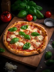 Delicious pizza with mozzarella, tomato, and basil on a wooden board.