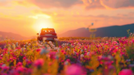 Fototapeta premium A car navigates through a vibrant flower field during sunset, creating a picturesque scene of nature and adventure.