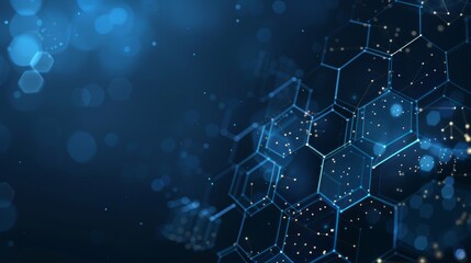 Obraz premium Tech Connections: Dark Blue Background with White Hexagons and Digital Data Symbols, Ideal for Technology Banner