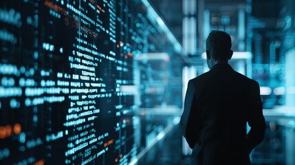 A businessman interacts with holographic bankruptcy documents in a futuristic office, the glowing projections highlighting the severe financial distress being analyzed. The image is designed with