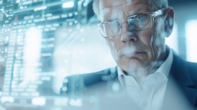 A businessman in a modern office setting reviews holographic bankruptcy papers projected in mid-air, his expression reflecting concern over financial distress. The futuristic interface highlights the