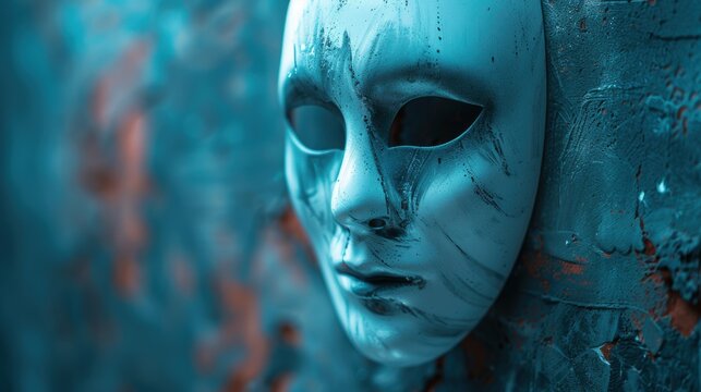 Close-up of a blue theatrical mask against an abstract background, conveying a sense of mystery and artistic expression.