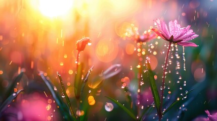 A beautiful flower glistening with water droplets in a golden rain, against a backdrop of vibrant bokeh lights, creating a magical scene.
