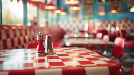 A nostalgic retro diner featuring a red checkered tablecloth, bright decor, and classic chrome condiment holders on the table.