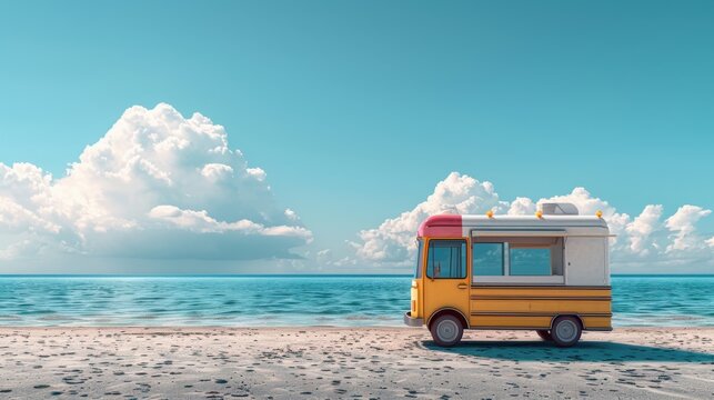 A vintage ice cream truck parked on a sunny beach, with clear blue skies and fluffy clouds in the background.