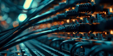 Fototapeta premium wallpaper server room data center cable LAN UTP, RJ45, cable optic, background, router, link, network, panel, patch, plug, port, rack, 2:1, 