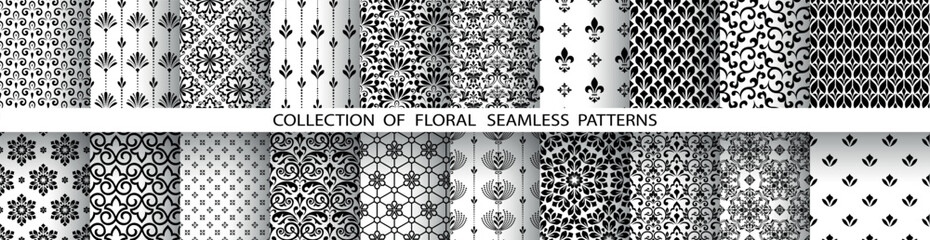 Geometric floral set of seamless patterns. White and black vector backgrounds. Damask graphic ornaments.