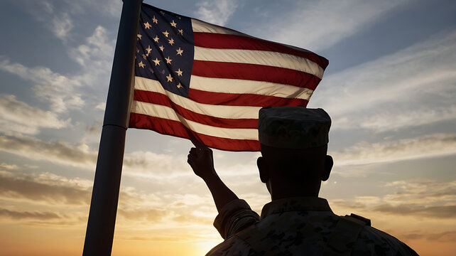 A silhouette of a soldier saluting the American flag at sunset, symbolizing patriotism and sacrifice on Independence Day - Powered by Adobe