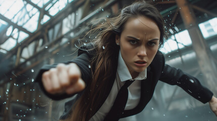 An action pose of a woman in a suit running toward the camera, throwing a punch.