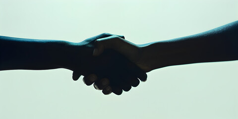Silhouette of a Handshake Between Black and White Hands Symbolizing Unity and Equality Against a Soft Gradient Background