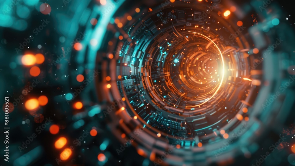 Poster futuristic digital interface with glowing color elements and central sphere. 3d rendering abstract i