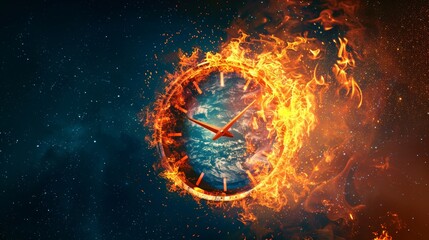 Visual concept of a burning earth clock with a countdown timer, fiery destruction in dark space, emphasizing urgency and danger