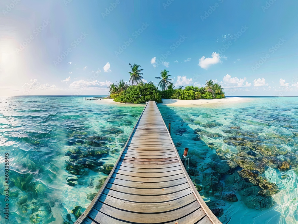 Sticker A picturesque wooden boardwalk stretches towards a tropical island surrounded by clear turquoise water