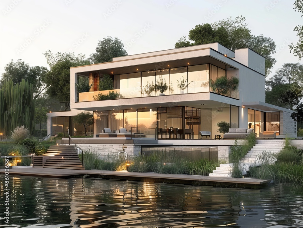 Canvas Prints A modern two-story house with large glass windows and terraces overlooking a calm reflective water body