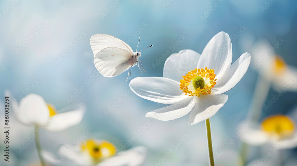 Poster Detail with shallow focus of white anemone flower with yellow stamens and butterfly in nature macro on background of blue sky with beautiful bokeh Delicate artistic image of beauty of  : Generative AI