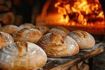 freshly baked round bread on the background of the oven with fire.