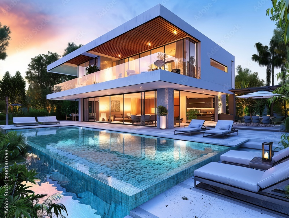 Sticker Twilight scene of a luxurious modern house with lit interiors and a tranquil swimming pool