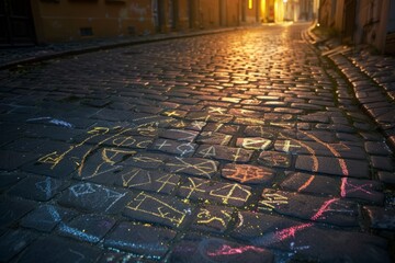 Cartoon cute doodles of a mystical rune circle drawn in colorful chalk on a cobbled street, Generative AI