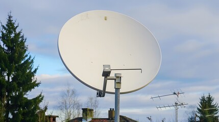 White Satellite Dish Mounted on a Pole Against a Cloudy Sky