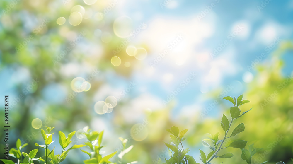 Aufkleber Beautiful blurred background image of spring nature with surrounded by trees against a blue sky with clouds on a bright sunny day : Generative AI