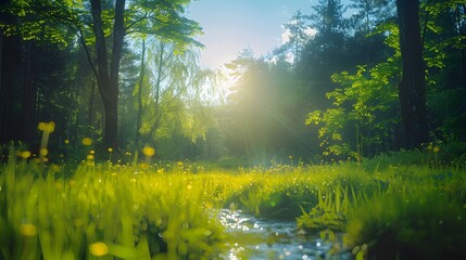 Fototapeta premium Sunlit Stream Flowing Through Lush Green Forest During Daytime