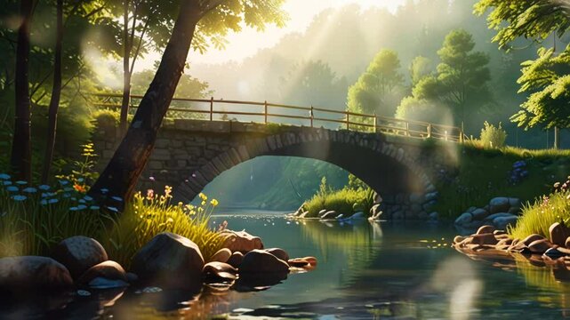 Stone bridge with river and beautiful grass, in smooth looping background with 4K video animation.