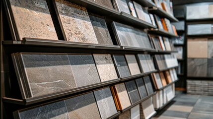 Fototapeta premium Elegant display of porcelain stoneware tiles on store shelves, showcasing various textures and colors in a well-lit, organized manner