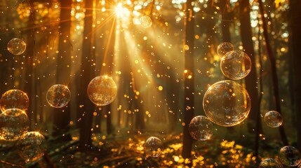 Obraz premium Enchanted forest with sunlight piercing through the canopy, casting light on floating bubbles, creating a dreamy and surreal scene