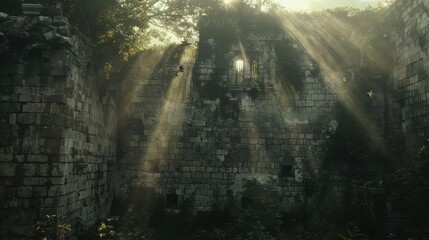 Sunbeams slice through ancient ruins linking divine hope