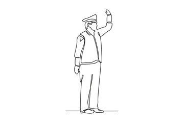 Single continuous line drawing a policeman wearing a uniform is controlling traffic. police activities minimalist concept. One line draw graphic design vector illustration.