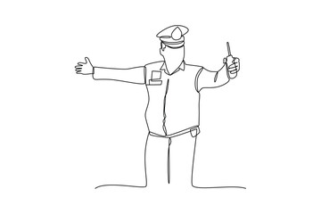 Single continuous line drawing a policeman is directing road traffic with his body gestures. police activities minimalist concept. One line draw graphic design vector illustration.