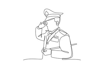 Single continuous line drawing a policeman pays his respects during the ceremony. police activities minimalist concept. One line draw graphic design vector illustration.