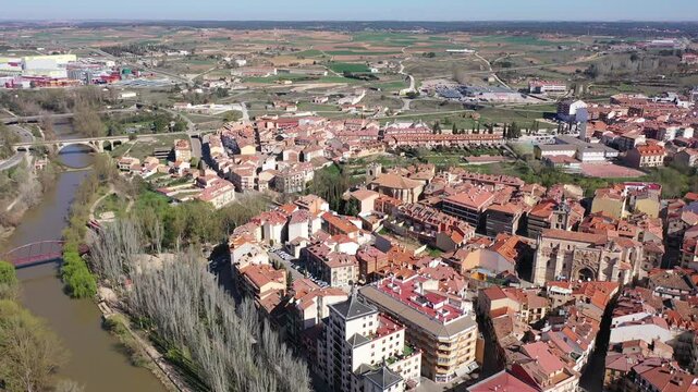 Aerial photo of Aranda de Duero with view of Duero river, Ribera del Duero comarca, Spain.