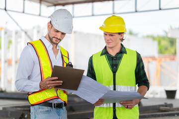 Engineer and foreman worker team inspect the construction site, Site manager and builder on construction site