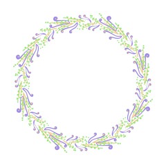 Circles of purple flowers with a natural theme and white background can be used for design purposes